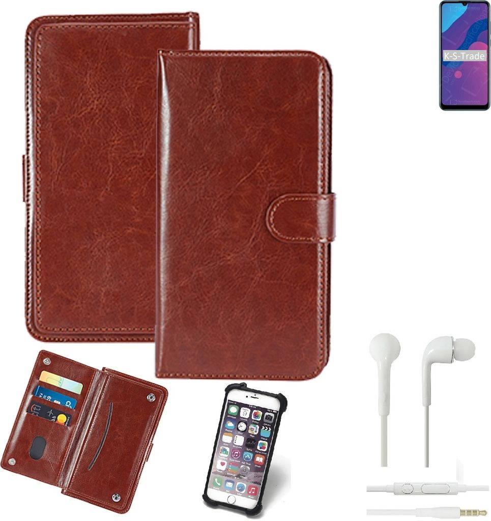 K-S-Trade 360° Hülle kompatibel mit Huawei Honor Play 9A inkl. Headphones braun Kunstleder Case BookCase WalletCase Kunstlederederhülle