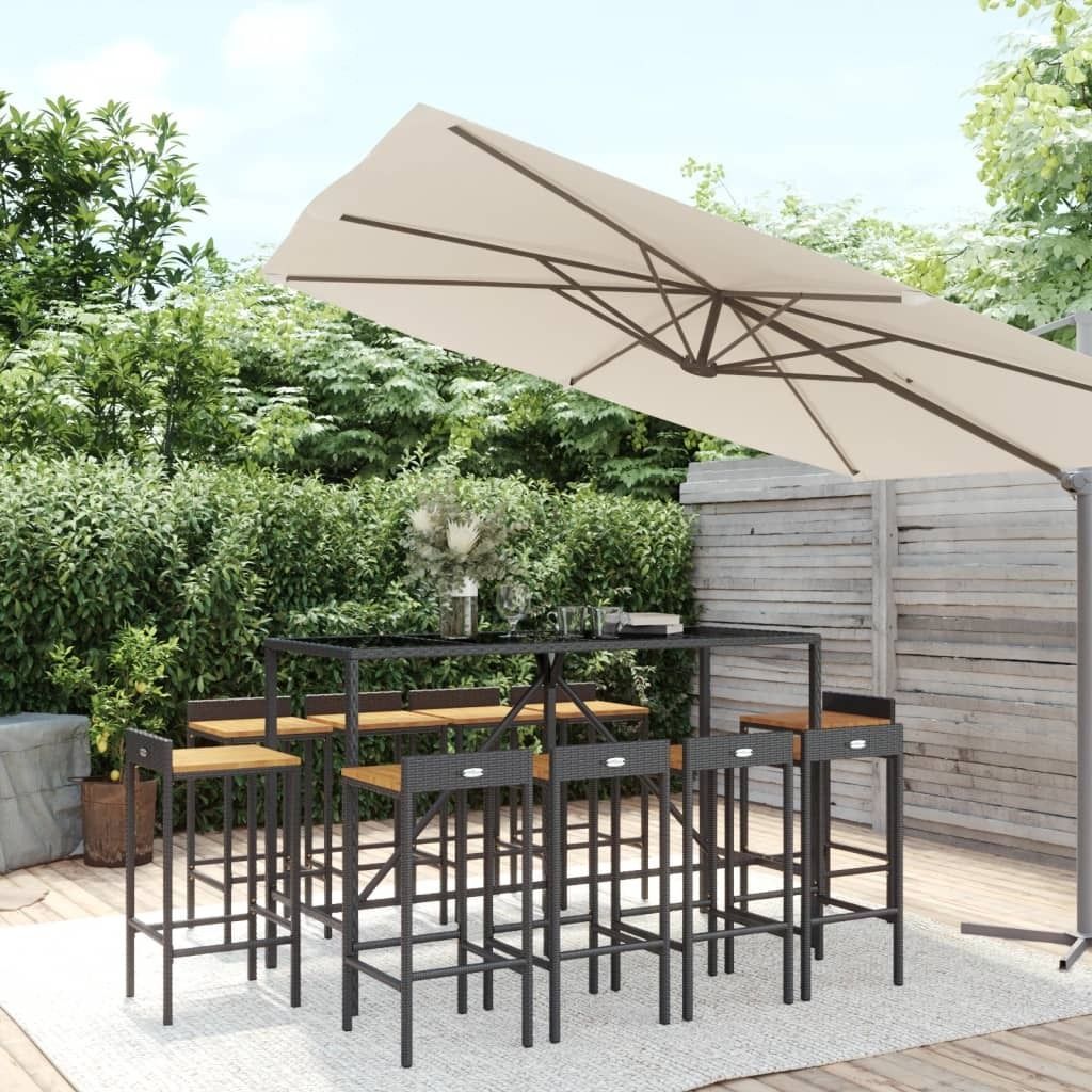The Living Store 11-tlg. Gartenbar-Set Schwarz Poly Rattan & Massivholz Akazie