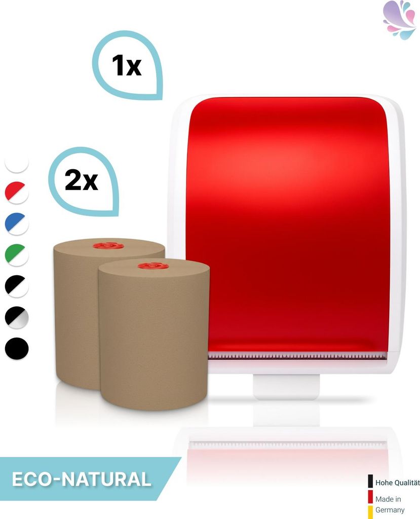 SET: Handtuchrollenspender Autocut, Blanc Cosmos verschied. Farben + 2 Handtuchrollen ECO Natural - PRODUKTSET : Farbe - Rot / Weiß Farbe: Rot / W...