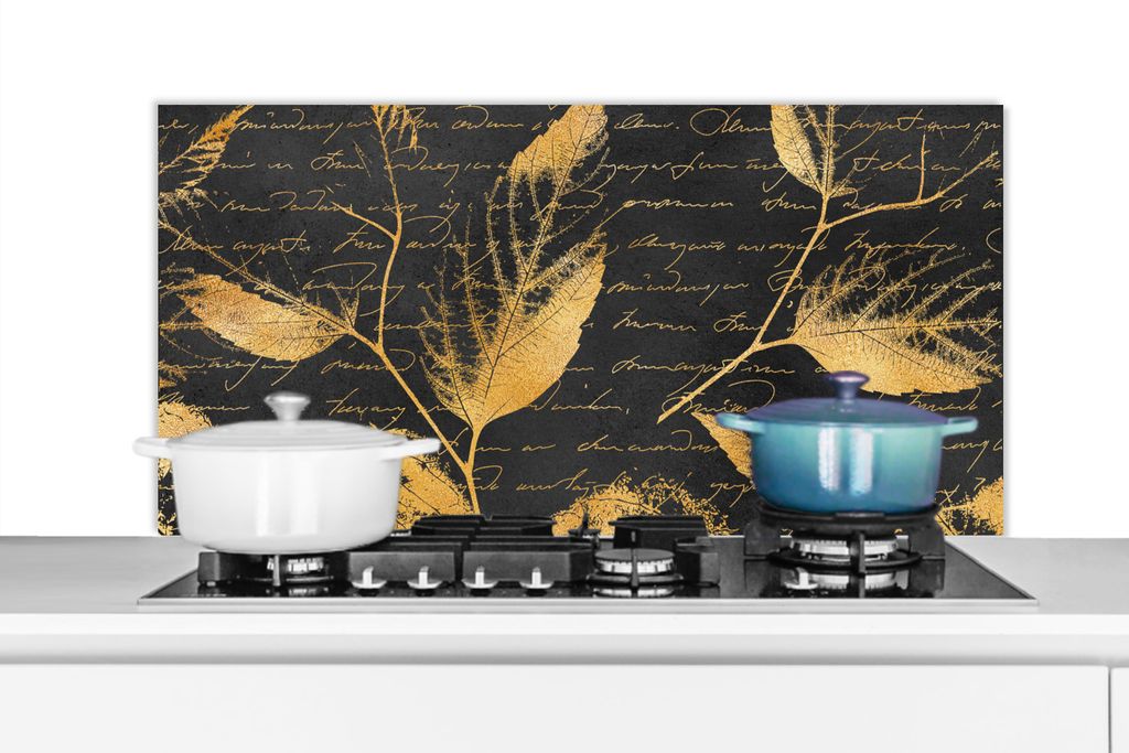 KitchenYeah Spritzschutz Küche - Küchenrückwand - Wandschutz für Herd und Spüle - Gold - Blätter - Schwarz 100x50 - Alu-Dibond (Alternative...