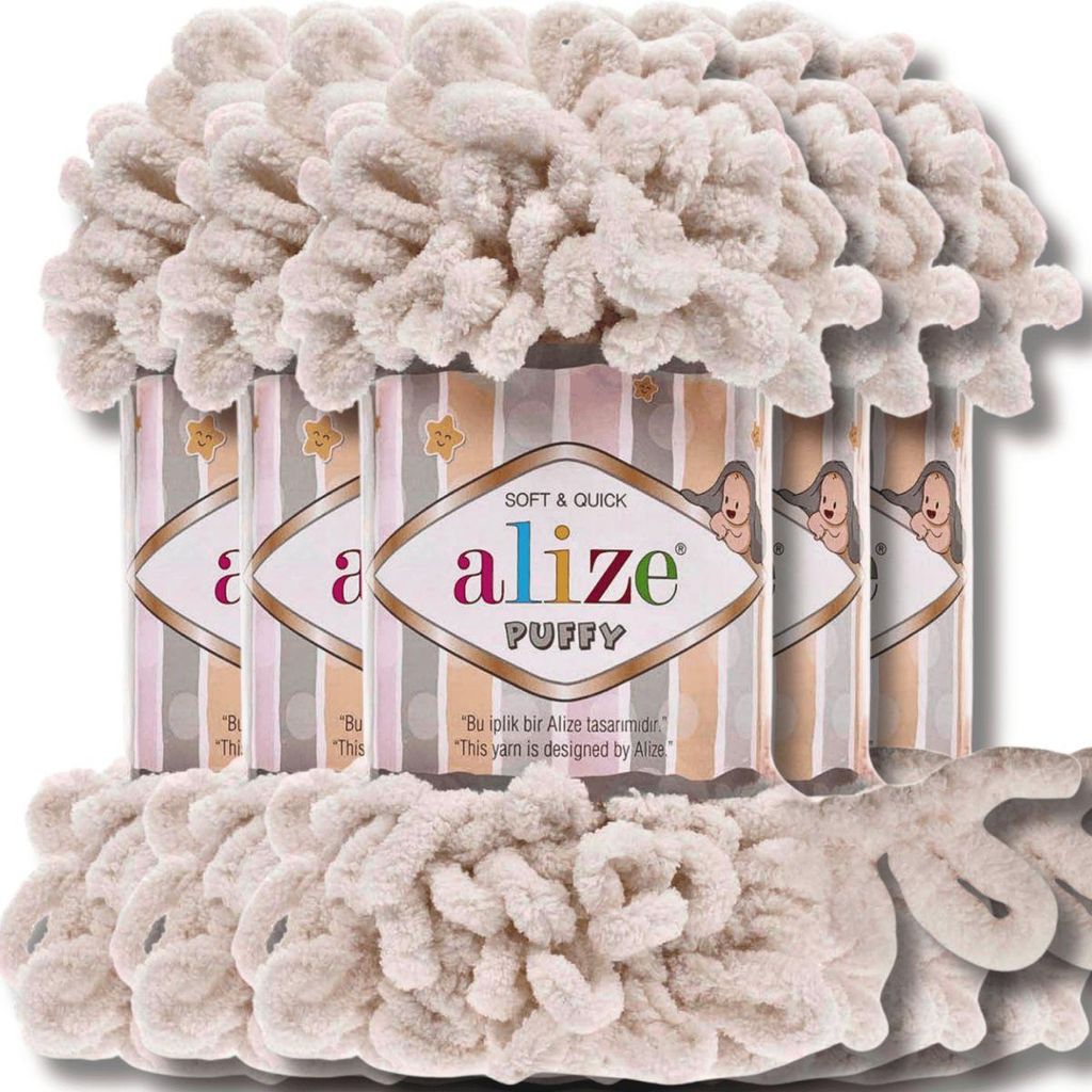 Alize 5x 100g Puffy Wolle, Uni, Häkeln, Stricken (Oatmeal - Produktbild 