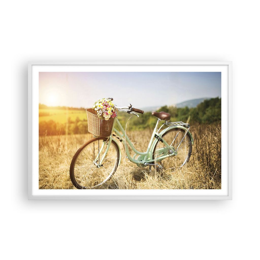 Gerahmtes Poster - Weißer Rahmen - Fahrrad Wiese Blumen - 91,5x61 cm - Wand Bild - Wanddeko - Wandbilder - Kunstposter - Wandposter - Bilderrahmen...