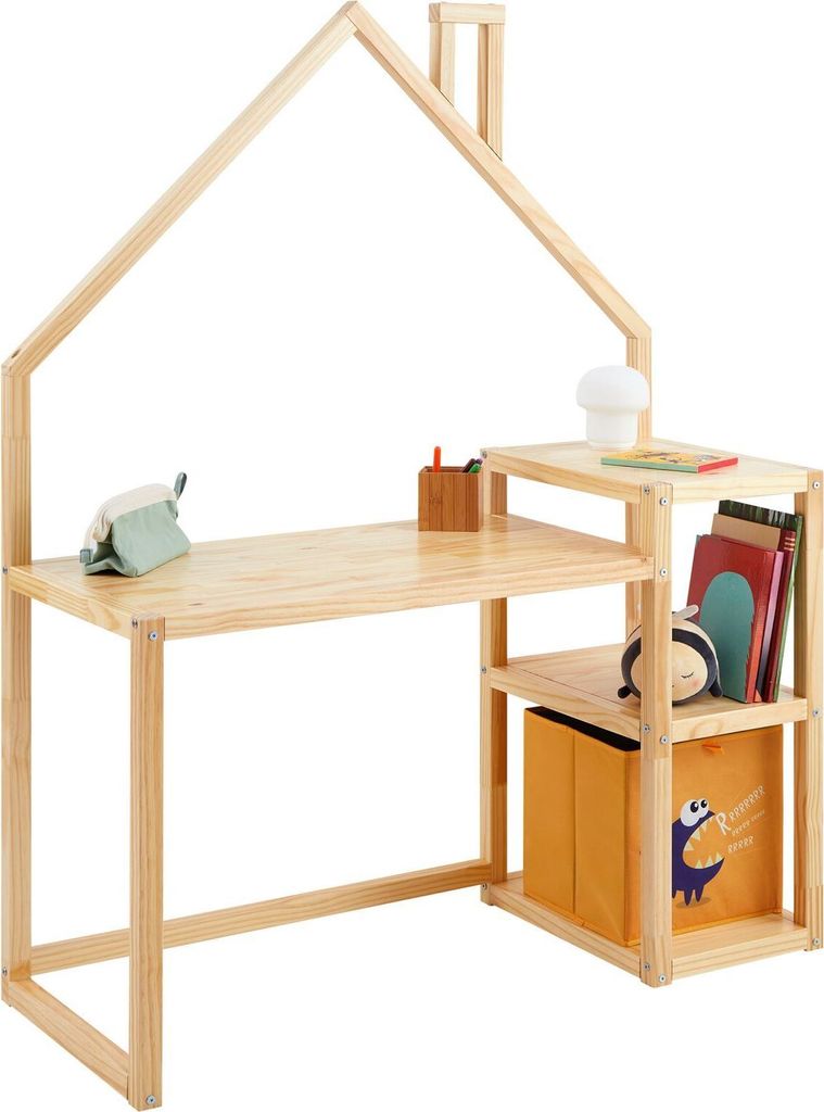 Kinderschreibtisch NIVIA Hausform natur mit Regal Stauraum gefertigt aus Kiefer Massiv. Stabil langlebig perfekt für Kinderzimmer. Montessori-Möb...
