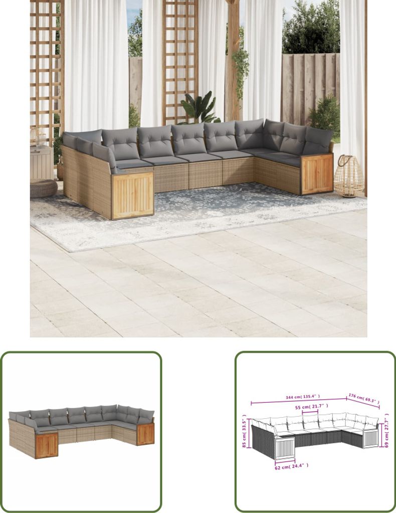 The Living Store 10-tlg. Garten-Sofagarnitur mit Kissen Beige Poly Rattan