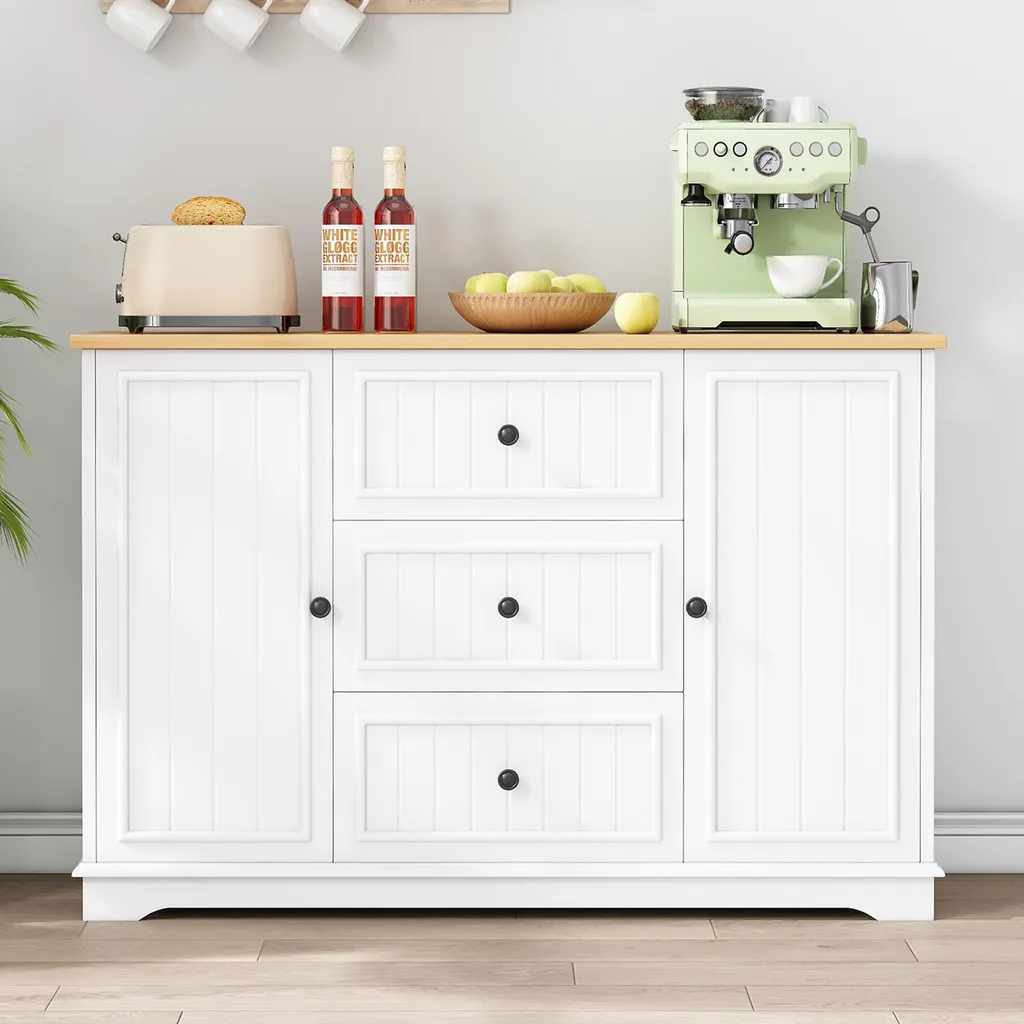 Buffet moderne Merax blanc avec 3 tiroirs et portes style frigo - 2