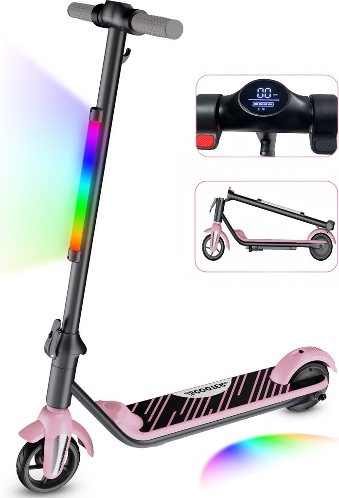 Elektroroller KXQ-EPRO E-Scooter Für Kinder 6-12 Jahren- Faltbar- LCD-Anzeige- Reichweite 8km- Max. 12km/h- Bunte Neonlichter- Elektroscooter Rosa