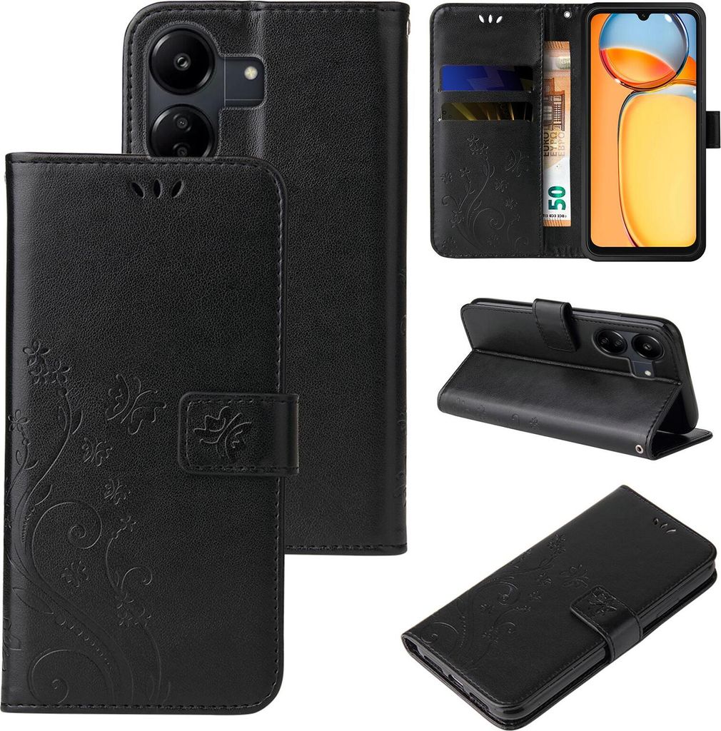 A collage of images showing a black floral patterned flip phone case from different angles, including its interior card slots and stand function.