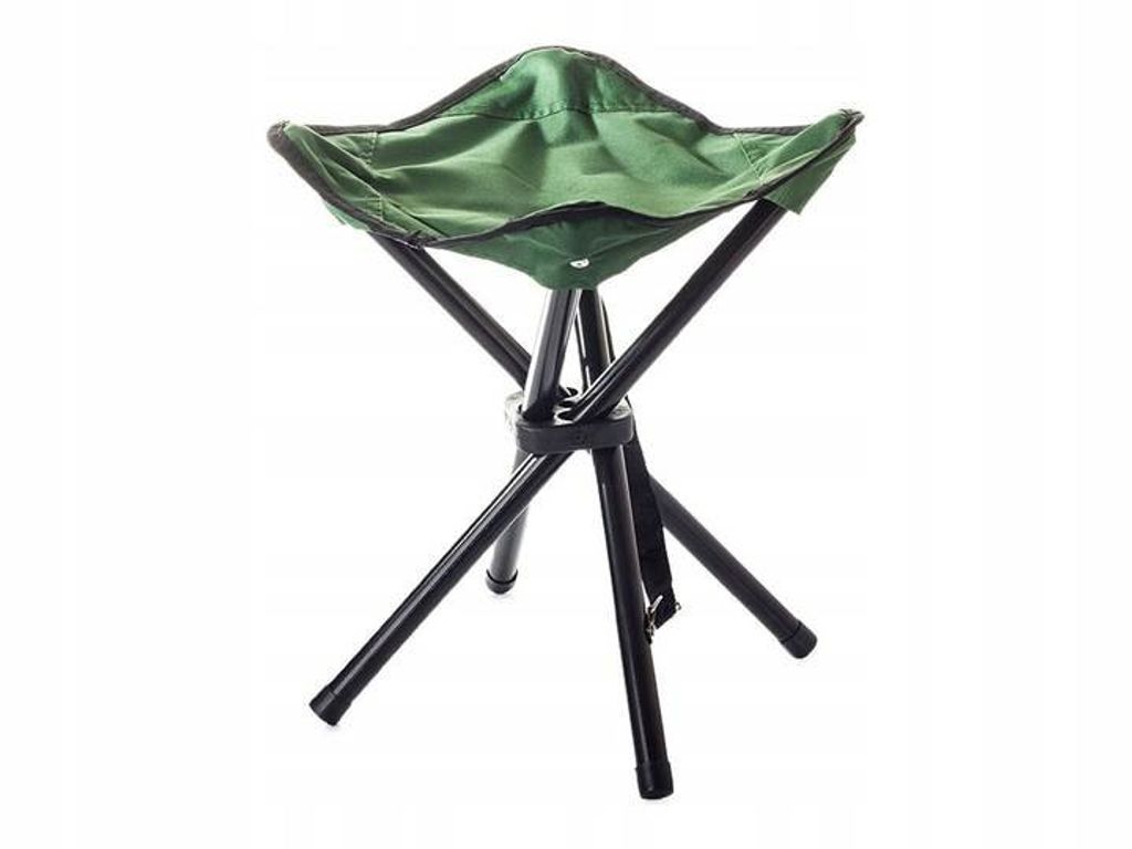 A green and black folding stool.