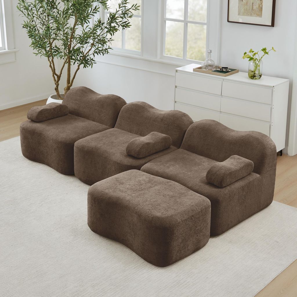 Modulares Ecksofa L-Form, 3-Sitzer mit 1 Ottomane, 32D Hochdichtschaum, Wellenfederung, tiefe Sitzfläche, verstellbare Armlehnkissen, Wohnzimmer