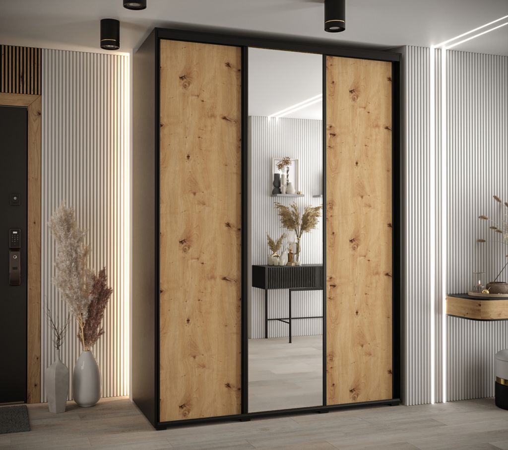 Kleiderschrank ASIRI 3 - 180/60 cm, schwarz / Eiche handwerklich / schwarz