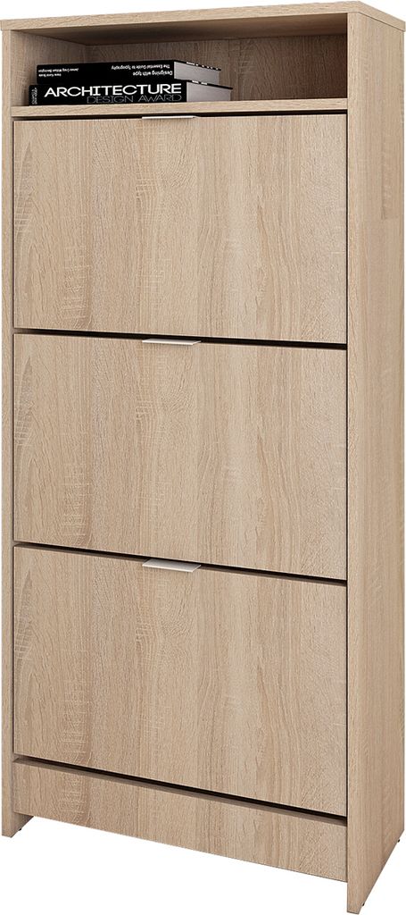 A tall, narrow shoe cabinet with three flip-down doors and a small shelf at the top.