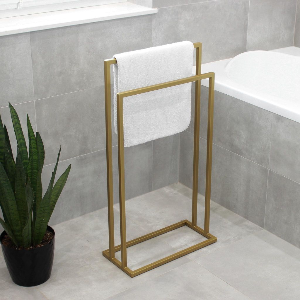 HMP Handtuchständer freistehend 2 Stangen Exklusiv – Handtuchhalter aus einem Stück, 100% Metall gold Glanz, Glamour Badezimmer