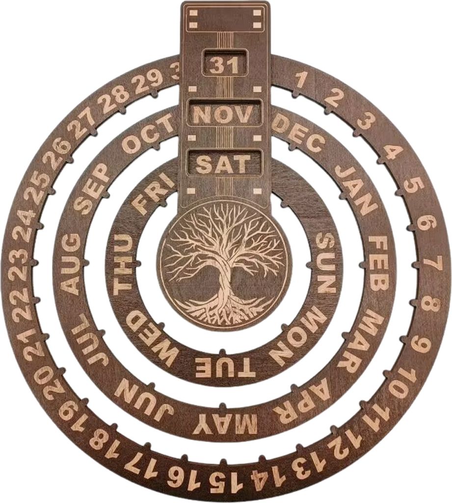 Ewiger Kalender aus Holz, drehbar, kreisförmig, Mond, Baum, Sonne, rundes Zifferblatt, Ewiger Kalender, Wandkalender zum Aufhängen für Schreibti...