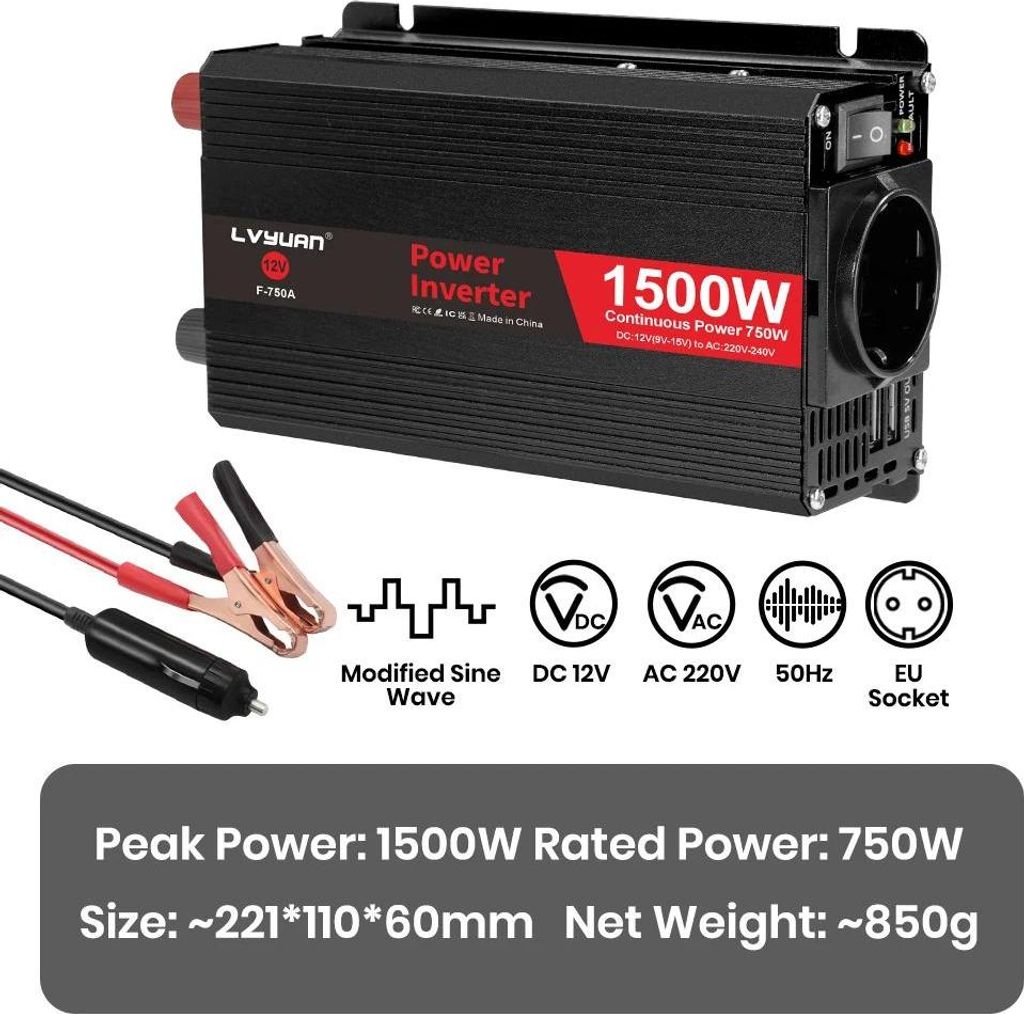 Auto-Inverter, 12V Eingang, 220V Ausgang, 12V 1500W Schwarz