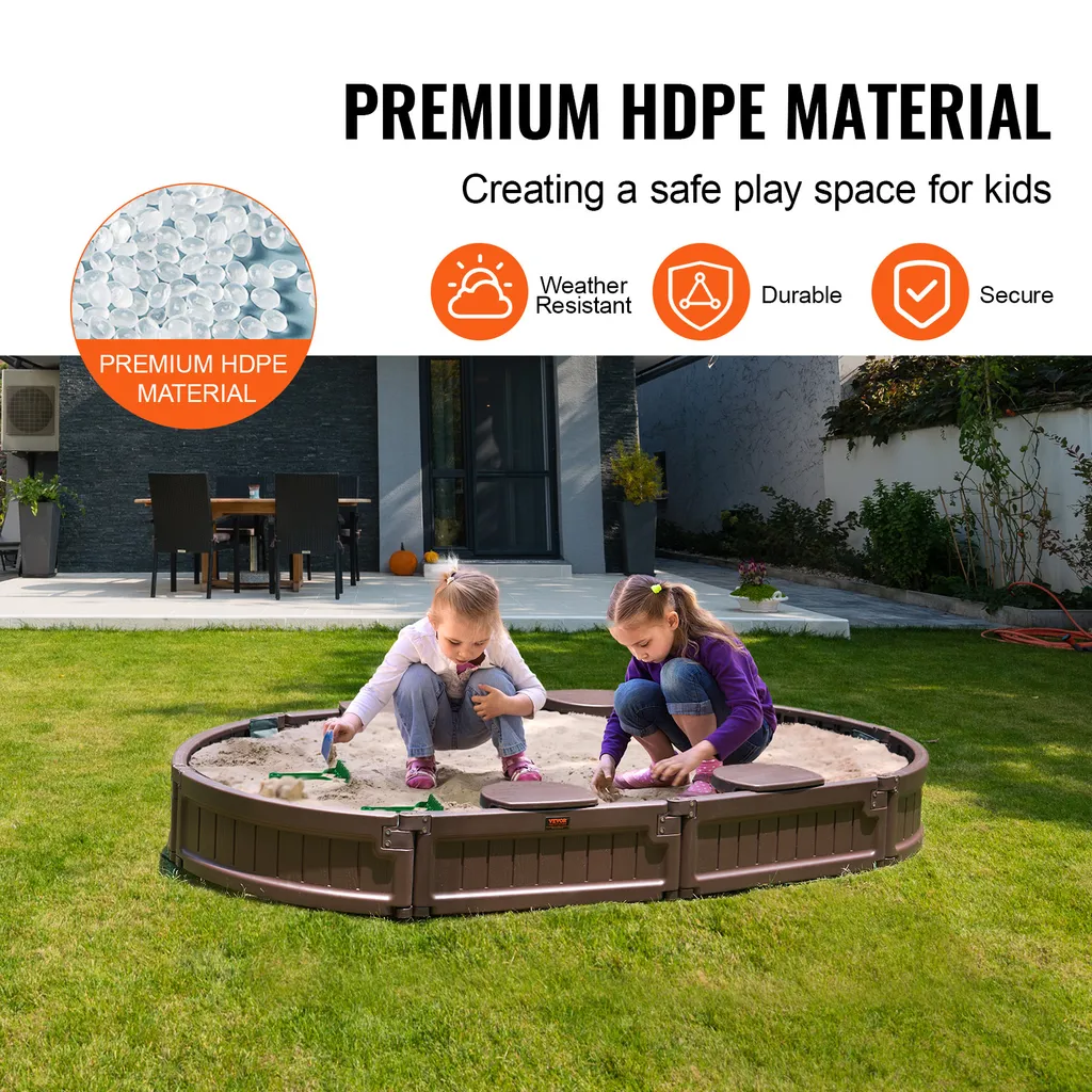 VEVOR sabbiera con coperchio, 183 x 105 x 23 cm, sabbiera ovale, sabbiera in HDPE con 4 sedili angolari e rivestimento del pavimento, sabbiera per bambini per giardino, spiaggia, parco, regalo per bambini e bambine dai 3 ai 12 anni, marrone - 6