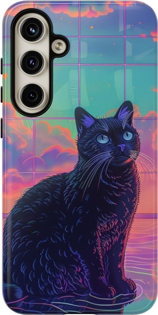 Schwarze Katze mit Neon-Akzenten und farbenfrohem Himmelsreflex – Hülle Kompatibel mit Samsung Galaxy S24 Plus