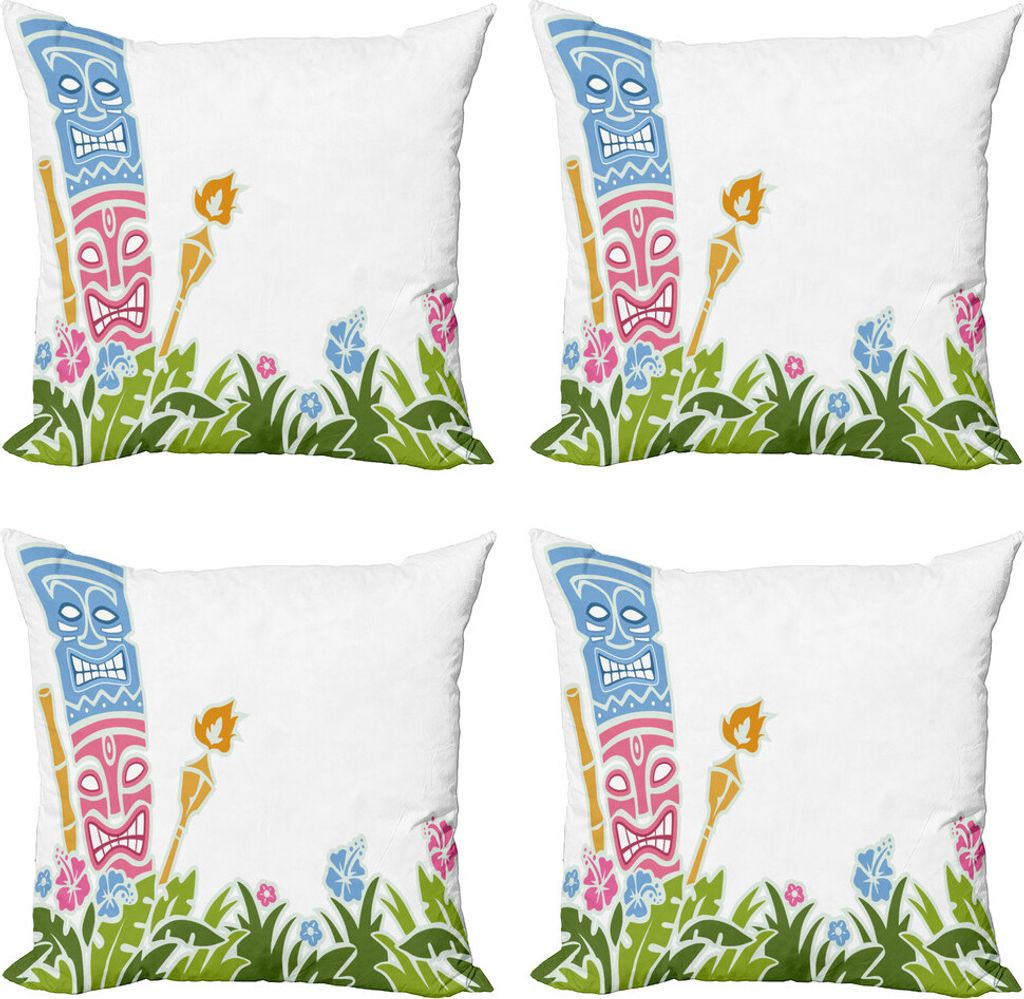 ABAKUHAUS Tiki Bar Kissenbezug Set (4 Stück), Hibiskus, Moderner Doppelseitiger Digitaldruck, 45 cm x 45 cm, Blassblau-Rosa-Grün