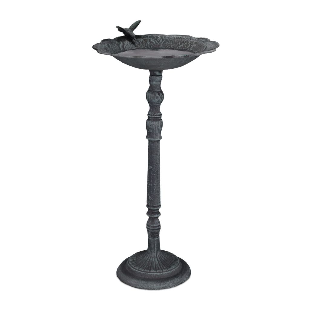 Relaxdays Vogeltränke, aus Gusseisen, Vogelbad, HBT: 74,5 x 37,5 x 35 cm, Wasser- u. Futterstelle, stehend, dunkelgrün