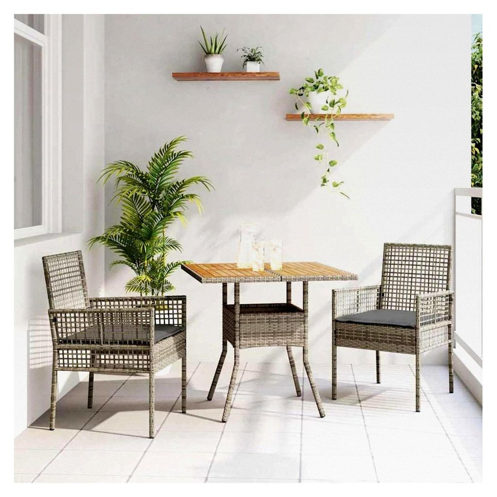 3-teiliges Gartenset mit Kissen, Polyrattan Möbel grau, quadratischer Tisch, wetterfest für Balkon und Terrasse