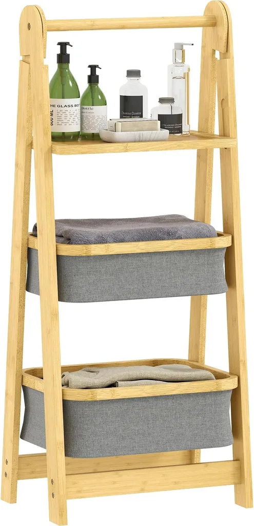 Étagère murale bambou gain de place avec 2 bacs gris pour petite salle