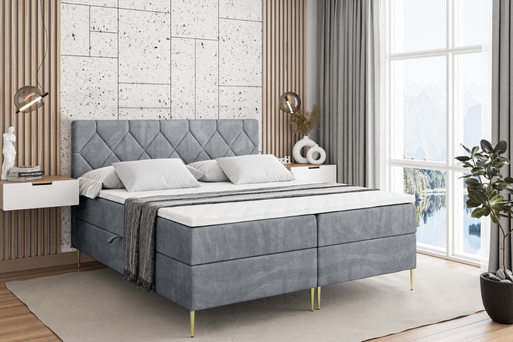 ALTDECOR Boxspringbett mit Gold Füßen, Matratze und Lattenrost, Boxbett, Topper, Polsterbett mit Bettkasten, Bett mit Stauraum H3-Matratze, Doppe...