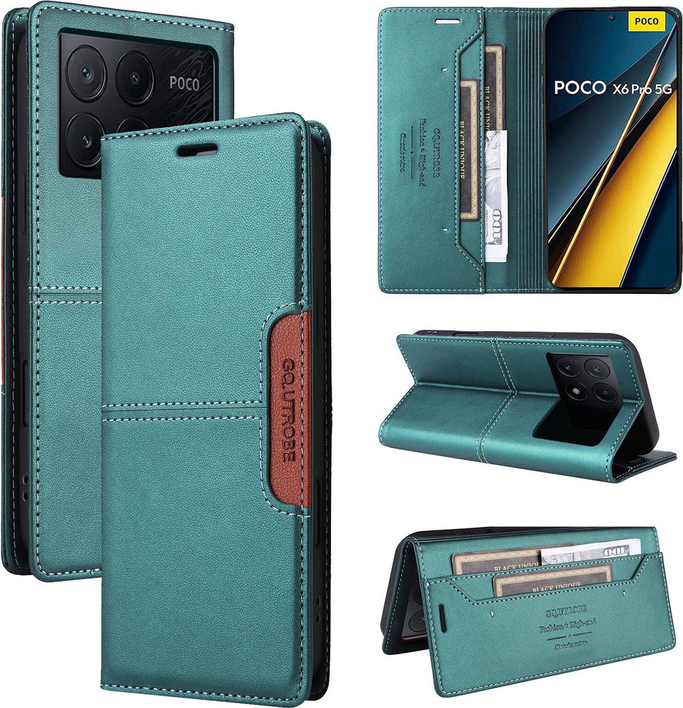 Handyhülle für Xiaomi Poco X6 Pro/Redmi K70E Hülle, Leder Flip Wallet Kartenfach Stand Schutzhülle Grün