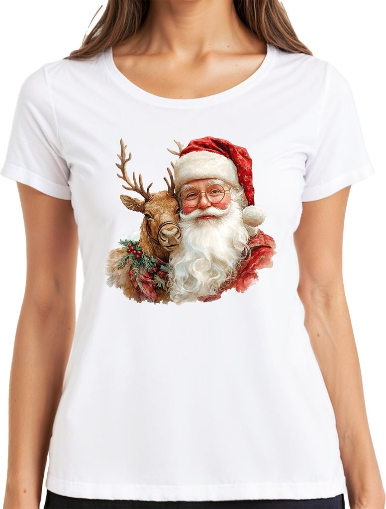 Weihnachtsmann Rentier Weihnachten Geschenk Vintage Retro Brille Damen T-Shirt, Weiß, 3XL