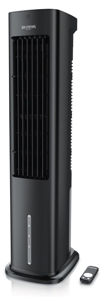A black tower fan on a white background with a remote control in front of it.