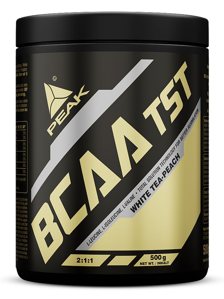 A black container of BCAA powder with gold and silver text and graphics.