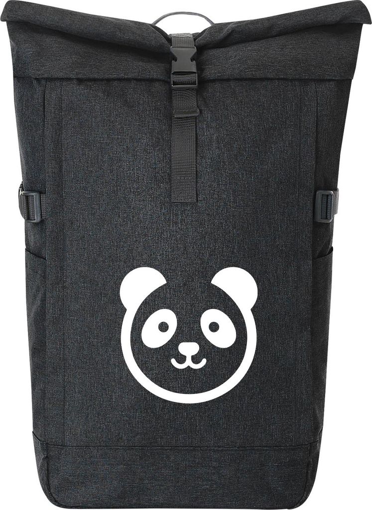 Huuraa Kurierrucksack Panda Kopf Silhouette 30-44 Liter Black Melange Fairtrade Rolltop Rucksack Geschenkidee