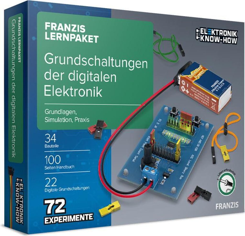 The image shows the packaging of a digital electronics learning kit, with components and a circuit board visible.