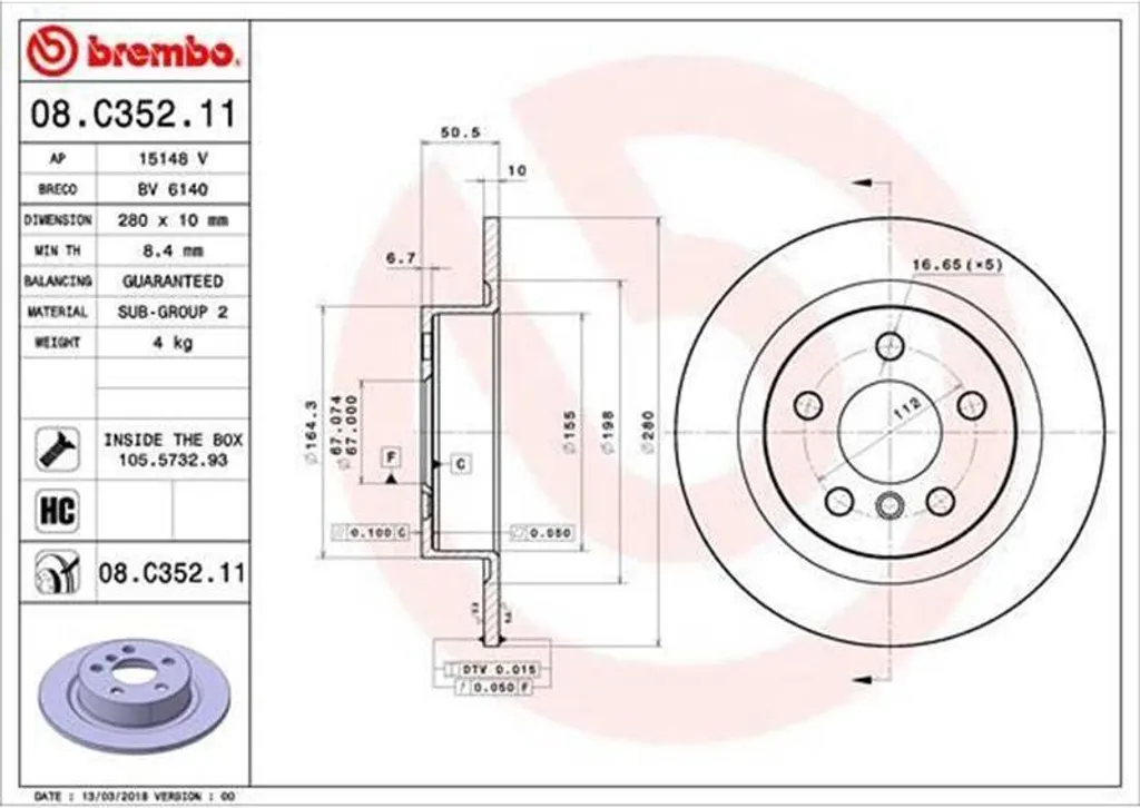 Disque de frein Brembo 08.C352.11 avec traitement UV anti-corrosion