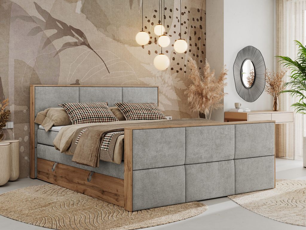 MKS MEBLE Doppelbett, Boxspringbett ALBERO 2 KING DUO mit zwei 7 Härtezonen Multipocket-Matratzen, genähtes Kopfteil und Front, Bettkästen - 160...