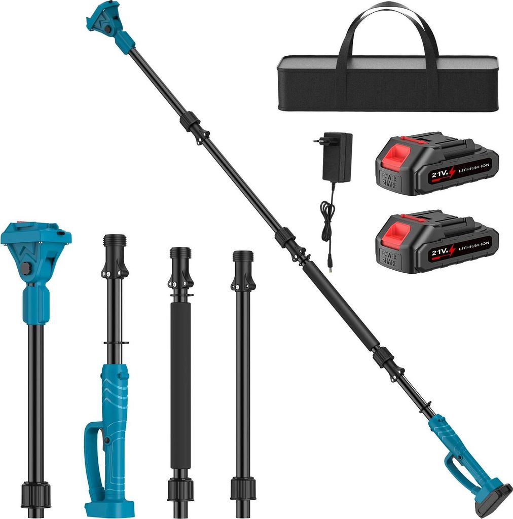 Teleskopstange - Kettensägen-Verlängerung - 18 V - 2 m - 5-fach verstellbarer Kopf - Aluminiumlegierung - Rutschfester Griff - 2 Akkus, EU-Stecke...