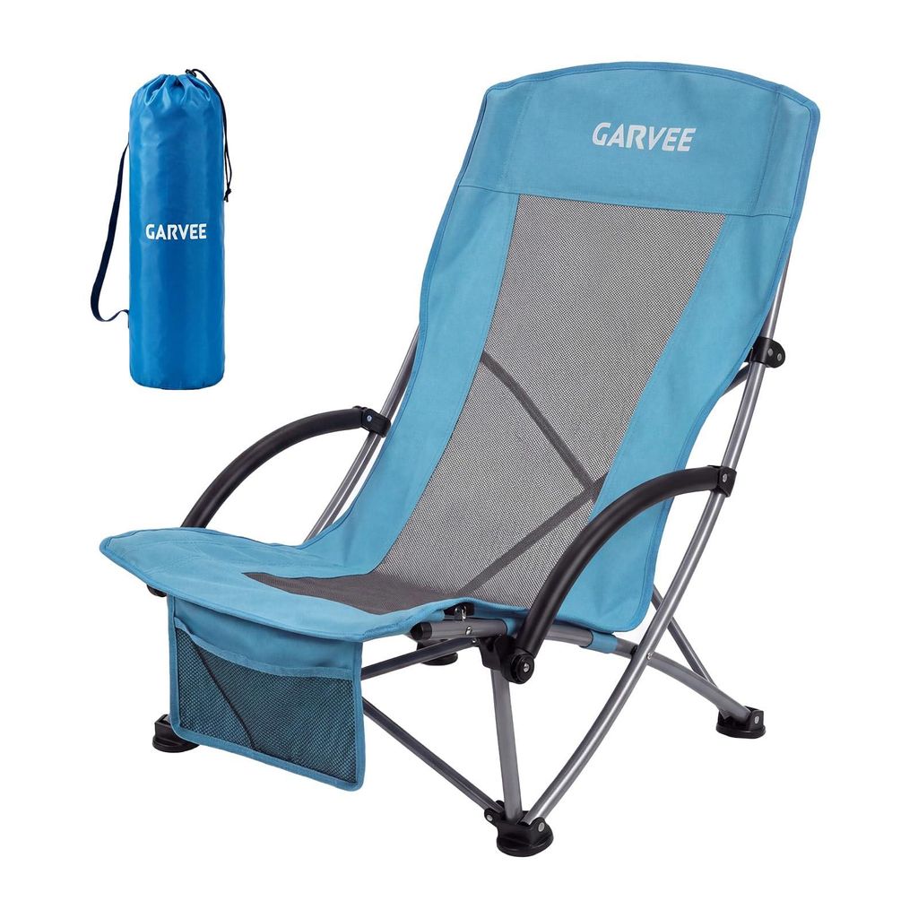 1er Set niedrige Strandstühle mit hoher Rückenlehne, Netzgewebe, Getränkehalter & Vordertasche, Blau
