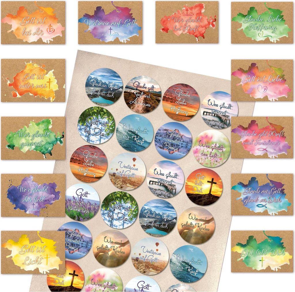 Geschenk SET 12 Sprüche Karten + 24 Aufkleber GOTT GLAUBE KRAFT