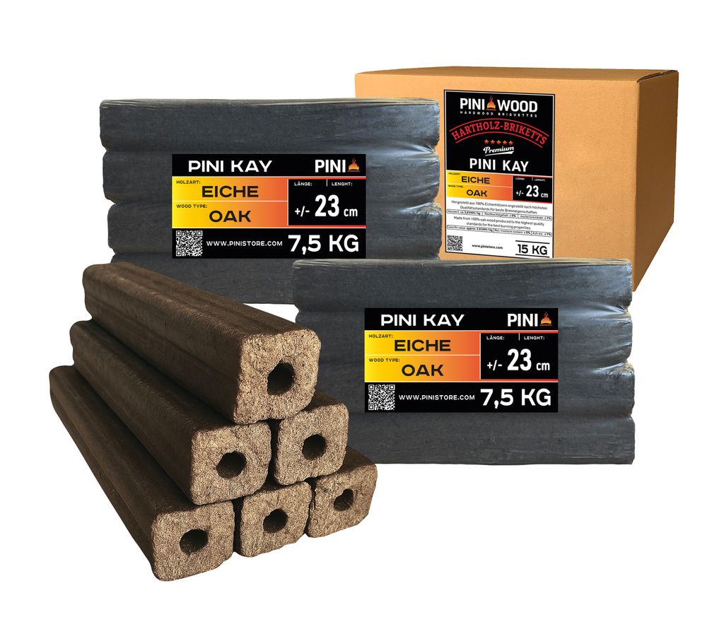 A product shot of firewood briquettes, with packaging and loose briquettes.