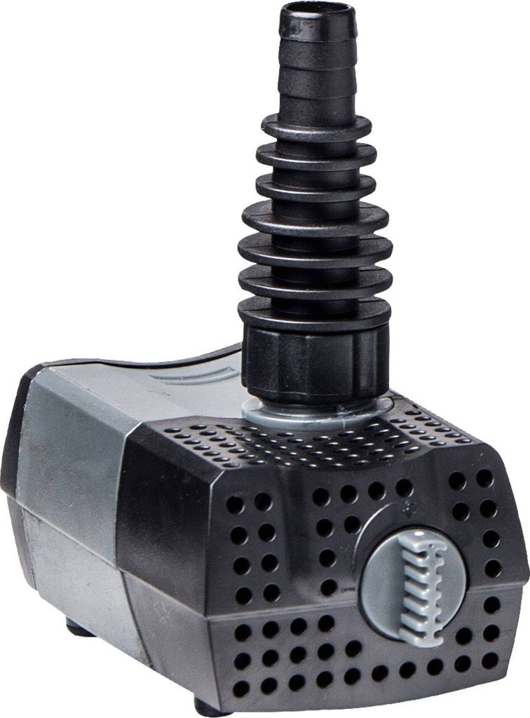 A black and gray water pump with a ribbed hose attachment is shown against a white background.
