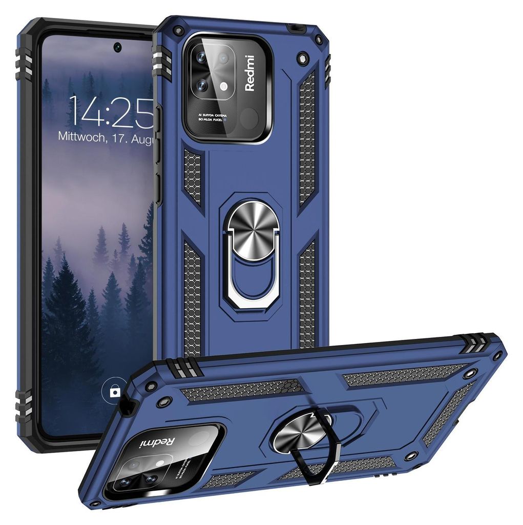 A blue rugged phone case with a ring holder is shown, with a phone inside it.