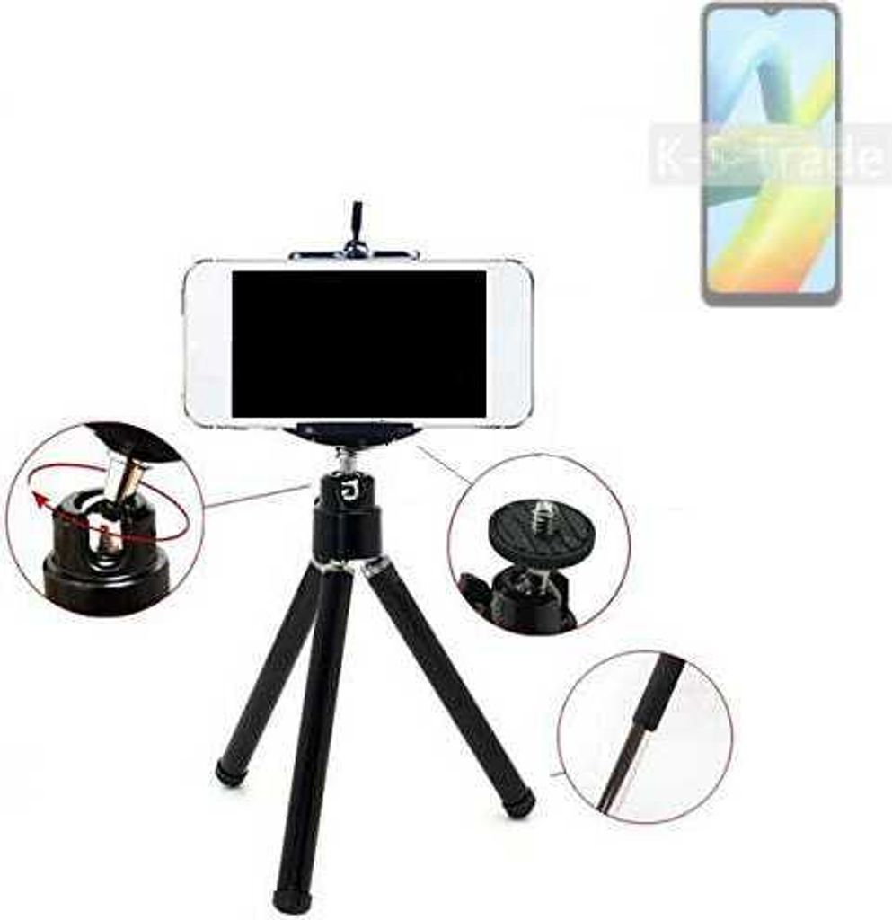 K-S-Trade Smartphone Stativ Dreibein kompatibel mit Xiaomi Redmi A1+ Tripod aus Aluminium Klemmstativ Stativ Adapter für Mobiltelefone schwarz 1x
