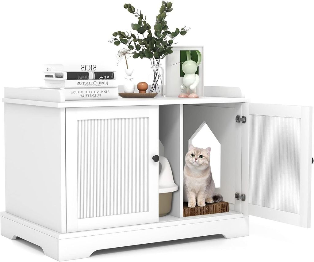 GOPLUS Katzentoilette, Stabiler Katzenschrank mit Trennwand, Doppeltüren, Katzenhaus für die meisten Katzen, verstecktes Katzenmöbel für Wohnzi...