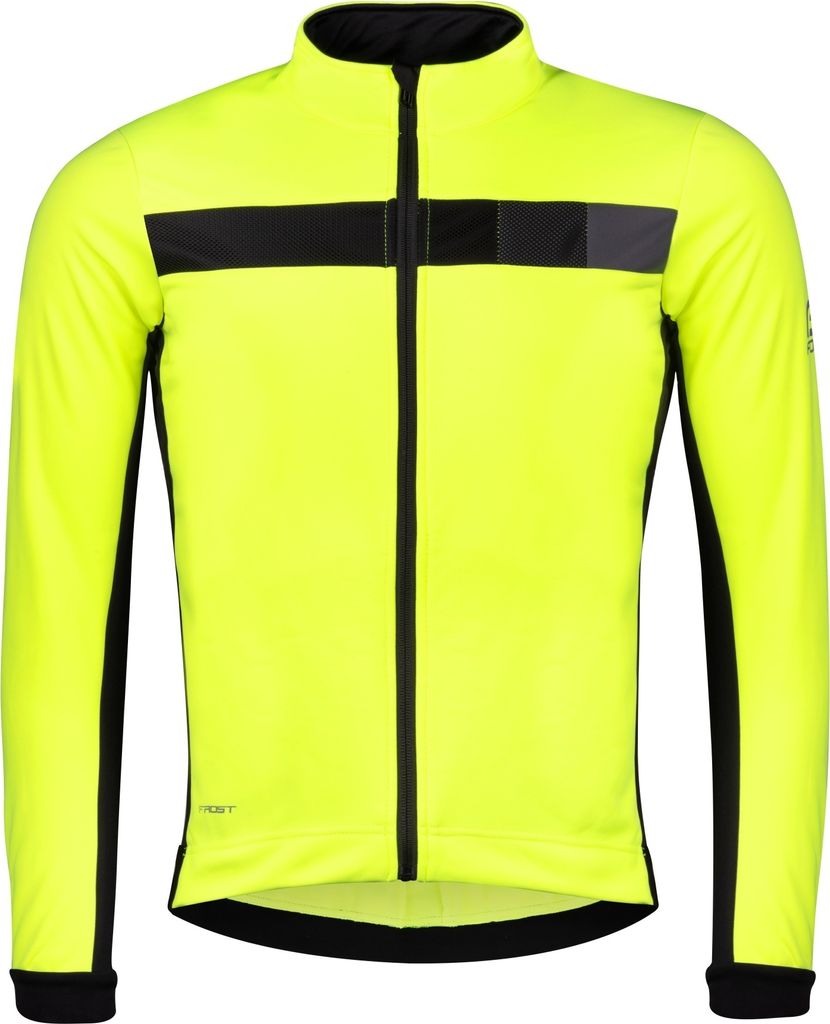 A front view of a neon yellow and black cycling jacket.