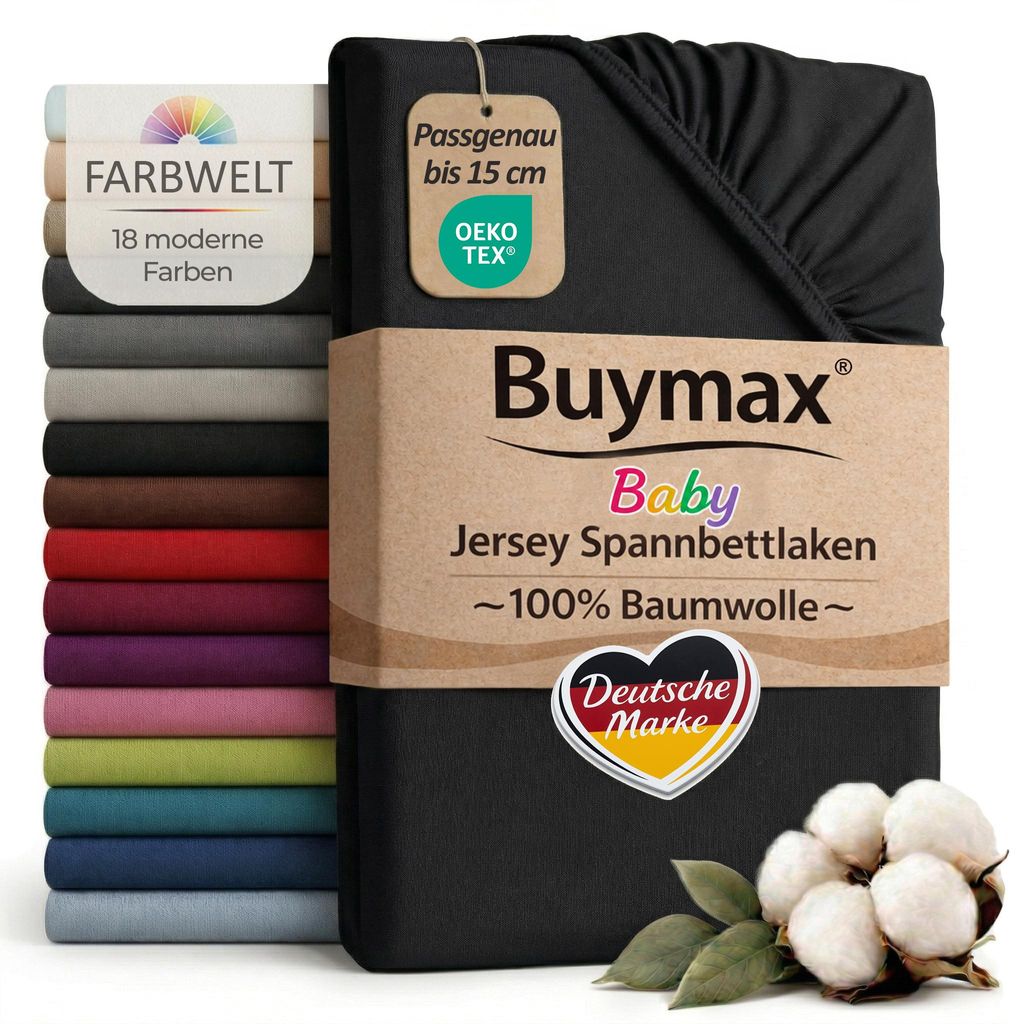 Buymax Baby Spannbettlaken 60x120 cm Schwarz, Jersey 100% Baumwolle, Kinderbett Bettlaken, bis 15 cm Matratzenhöhe