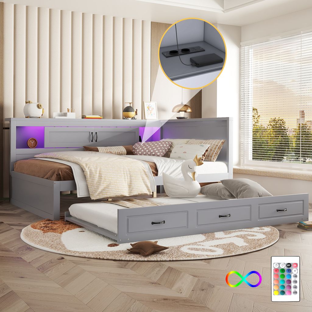STILVORA Schlafsofa 140×200cm Daybett Kinderbett mit LED-Leuchten, Tagesbett ausziehbar Holzbett mit Steckdose + USB & Bettseitiges Staufach,Grau(...