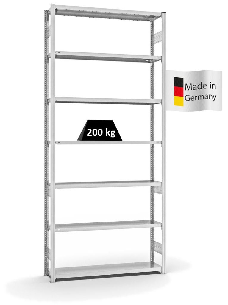 PROREGAL Fachbodenregal Stecksystem MAGNUS Germany | HxBxT 300x130x30cm | 7 Ebenen | Fachlast 200 kg | Beidseitig nutzbar | Lichtgrau