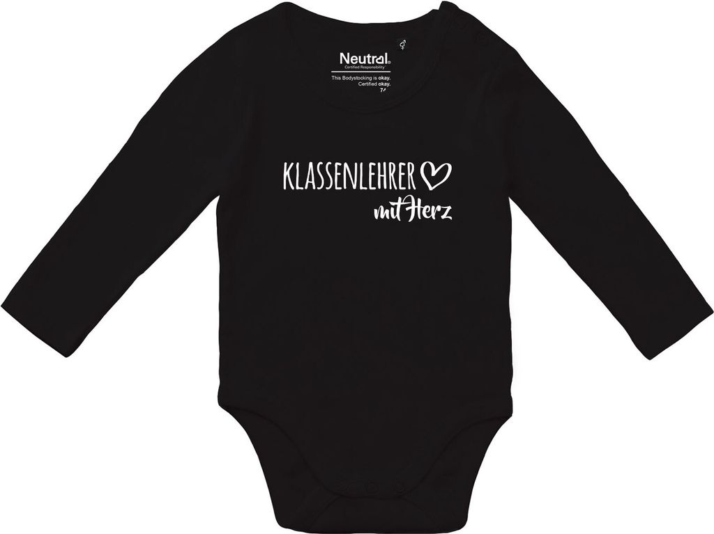 Huuraa Baby Body Klassenlehrer mit Herz 80 Black Baumwolle Fairtrade Langarmbody Geschenkidee