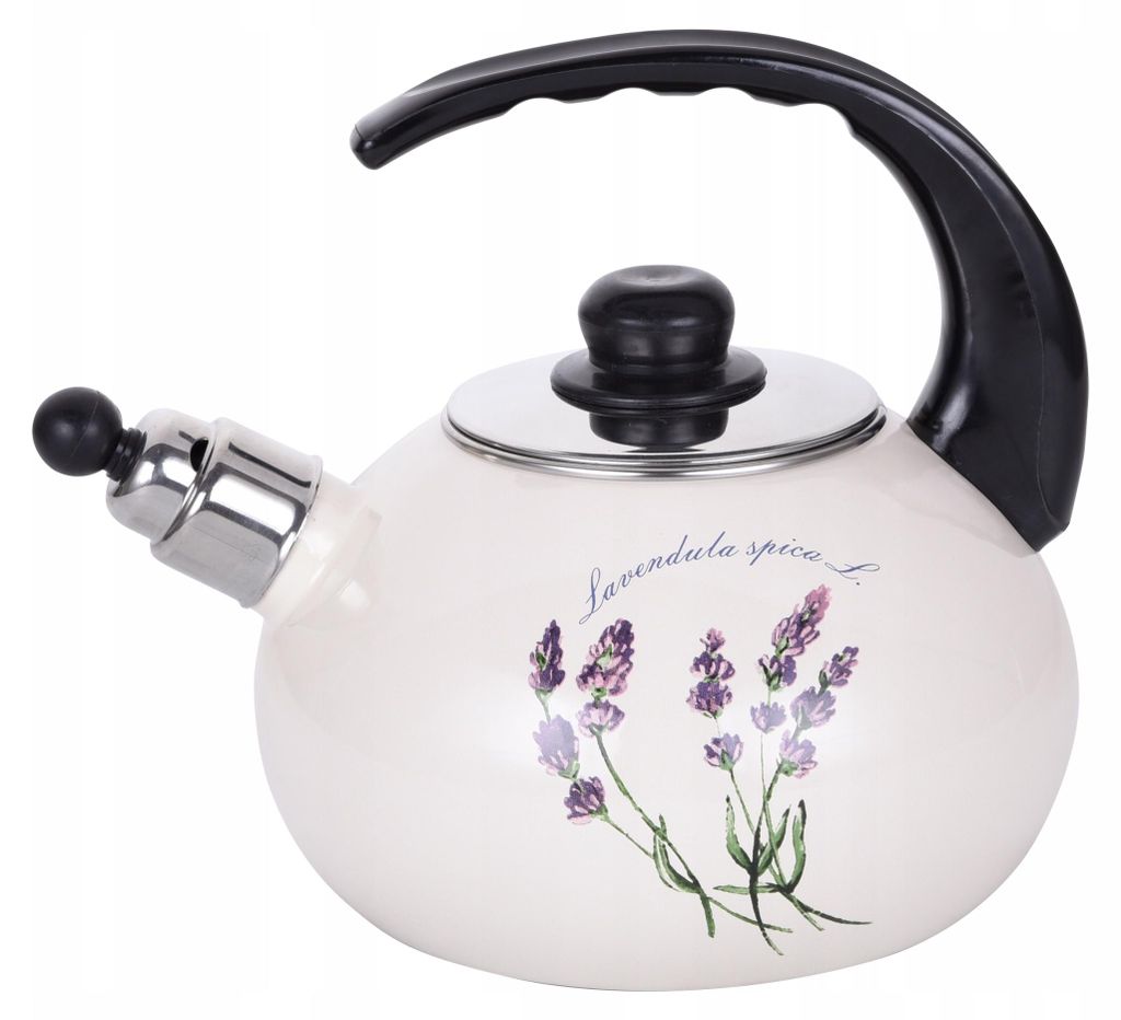 A cream-colored kettle with a lavender design and a black handle is shown against a white background.