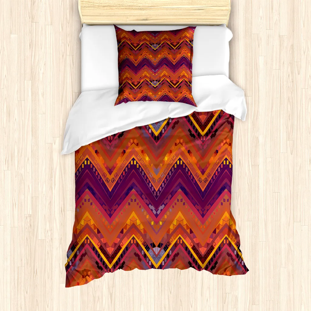 Set copripiumino ABAKUHAUS per letti singoli, motivo zigzag locale, antiacaro, adatto a chi soffre di allergie, con federa, 135 cm x 200 cm - 80 x 80 cm, multicolore