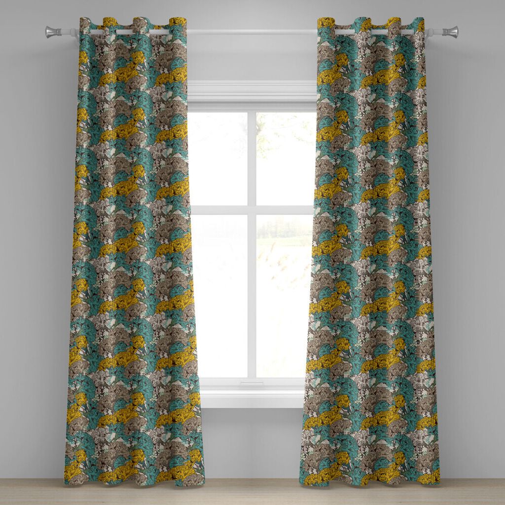 ABAKUHAUS Blumen Ösenvorhang, Weinlese-Hand gezeichnete Blumen mit blühender Gartennelken-Umwelt, Dekorative 2-Panel-Fenstervorhänge, 280 cm x 2...