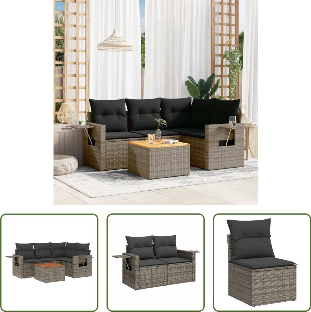 The Living Store 5-tlg. Garten-Sofagarnitur mit Kissen Grau Poly Rattan